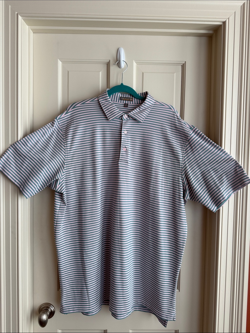 Men's Striped Polo Shirt in Light Teal and White